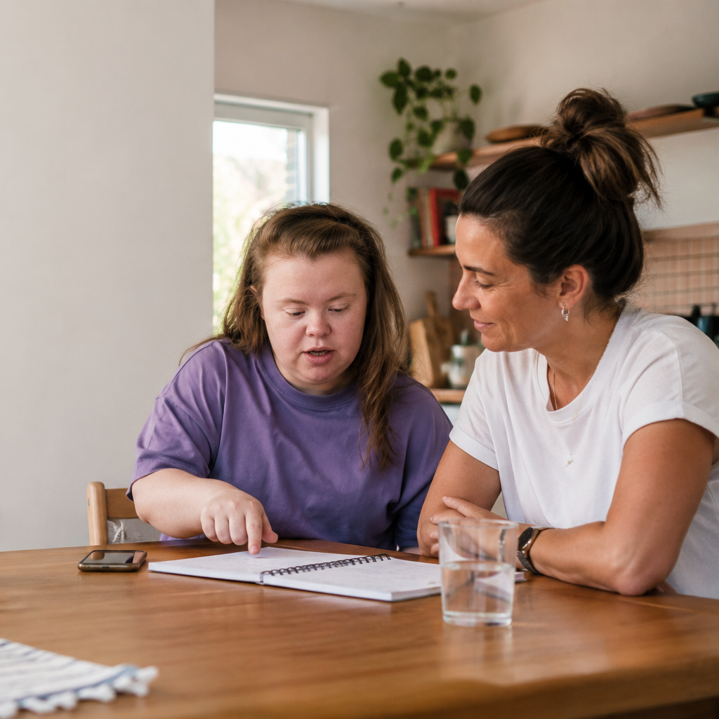 A woman and a girl sit at a wooden table looking at a notebook, with a glass of water and a phone nearby, in a cozy kitchen.