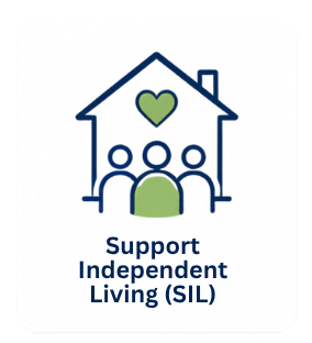 Logo with a house containing a green heart, three blue and green figures below, and the text 'Support Independent Living (SIL)' underneath.