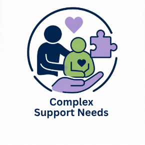 A logo depicting two figures, one larger and one smaller with a heart on its chest, surrounded by a purple puzzle piece and a purple heart, with the text 'Complex Support Needs' underneath.