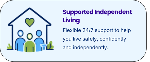 Graphic with house and people, promoting supported independent living with 24/7 support for safe, confident, and independent living.