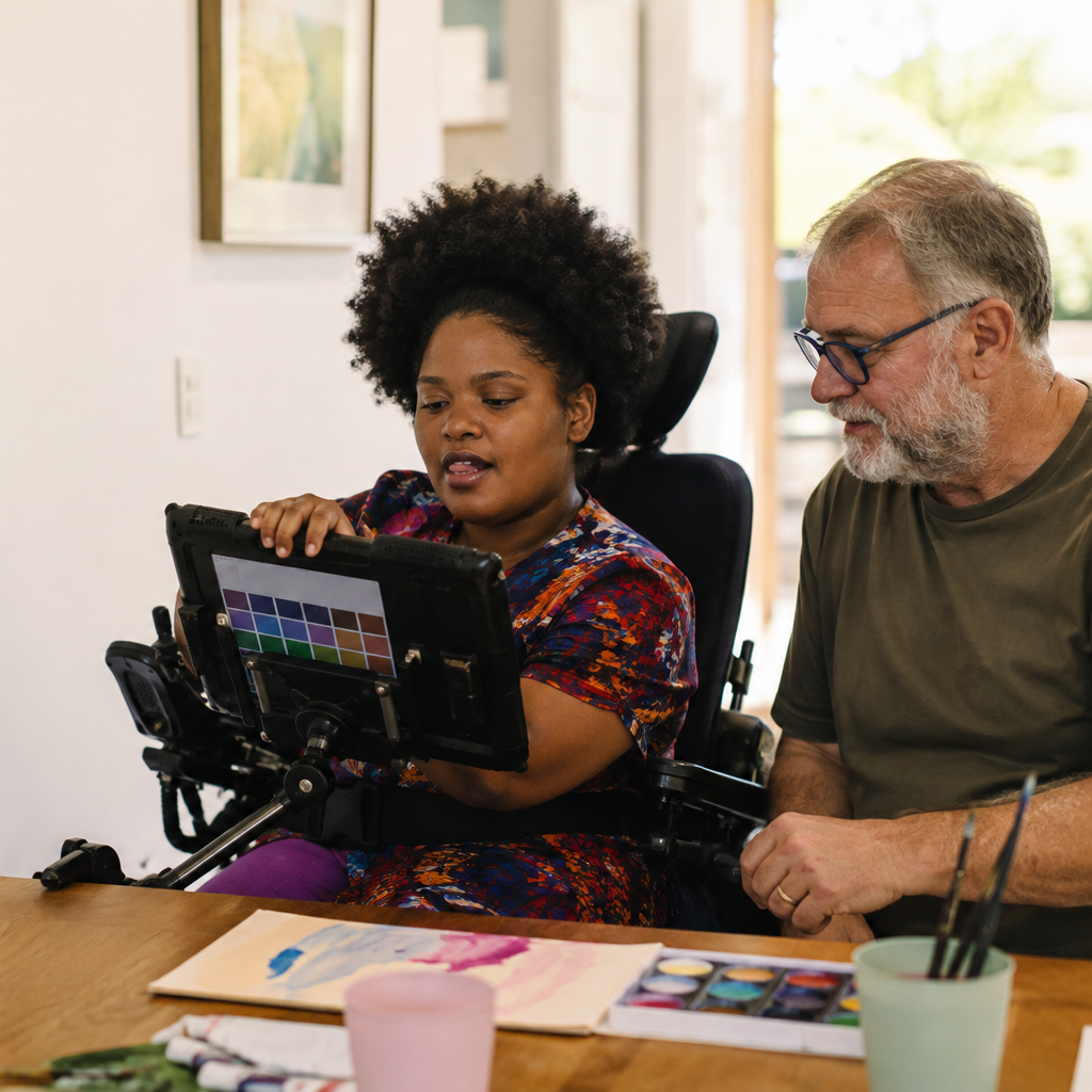 A woman in a wheelchair looking at a tablet with guidance from an older man sitting beside her, with painting supplies on the table in front of them.