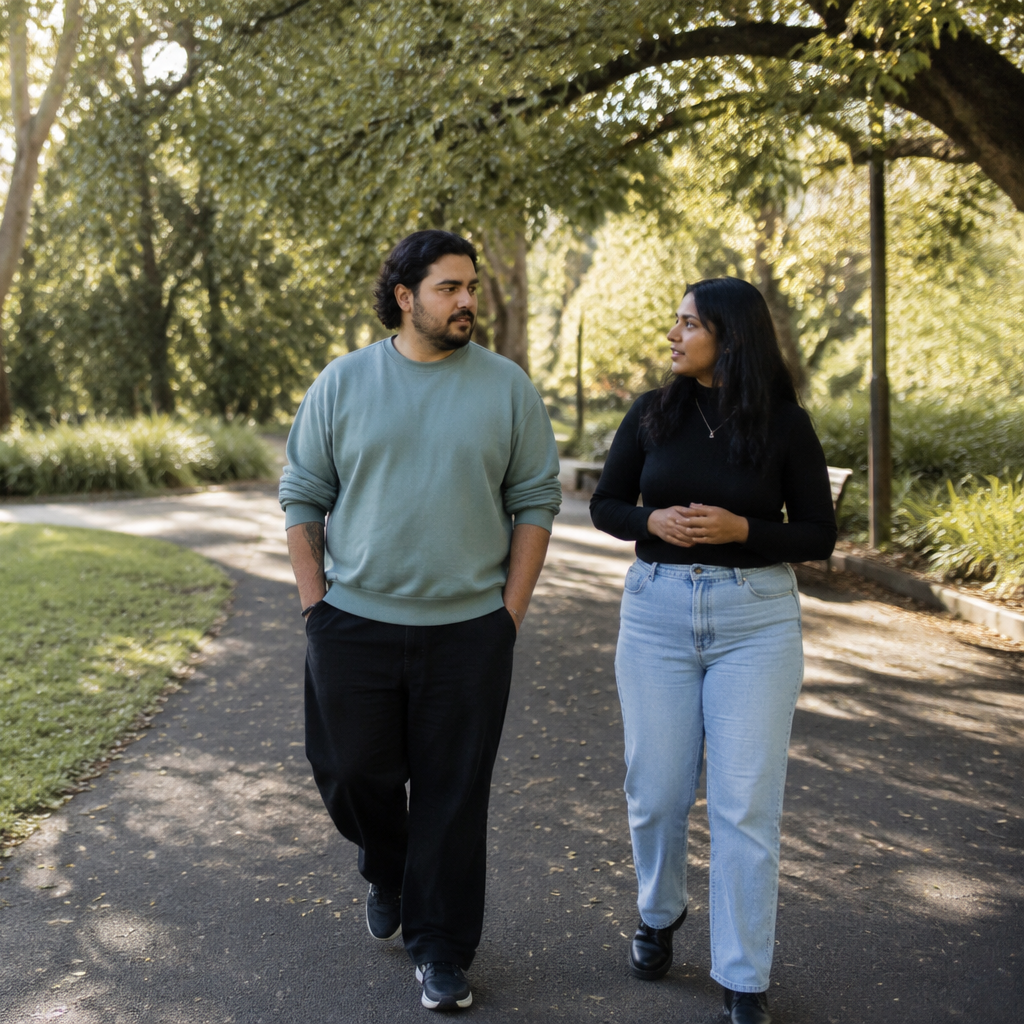 A man and a woman walking together on a park path, engaged in conversation, surrounded by trees and greenery.