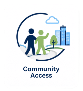 Illustration of two people walking on a path with trees and a city skyline in the background, symbolizing community access.