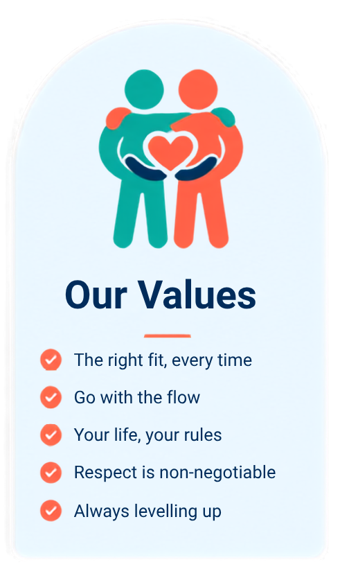 Illustration of two people hugging with a heart between them, above a list of values on a banner.
