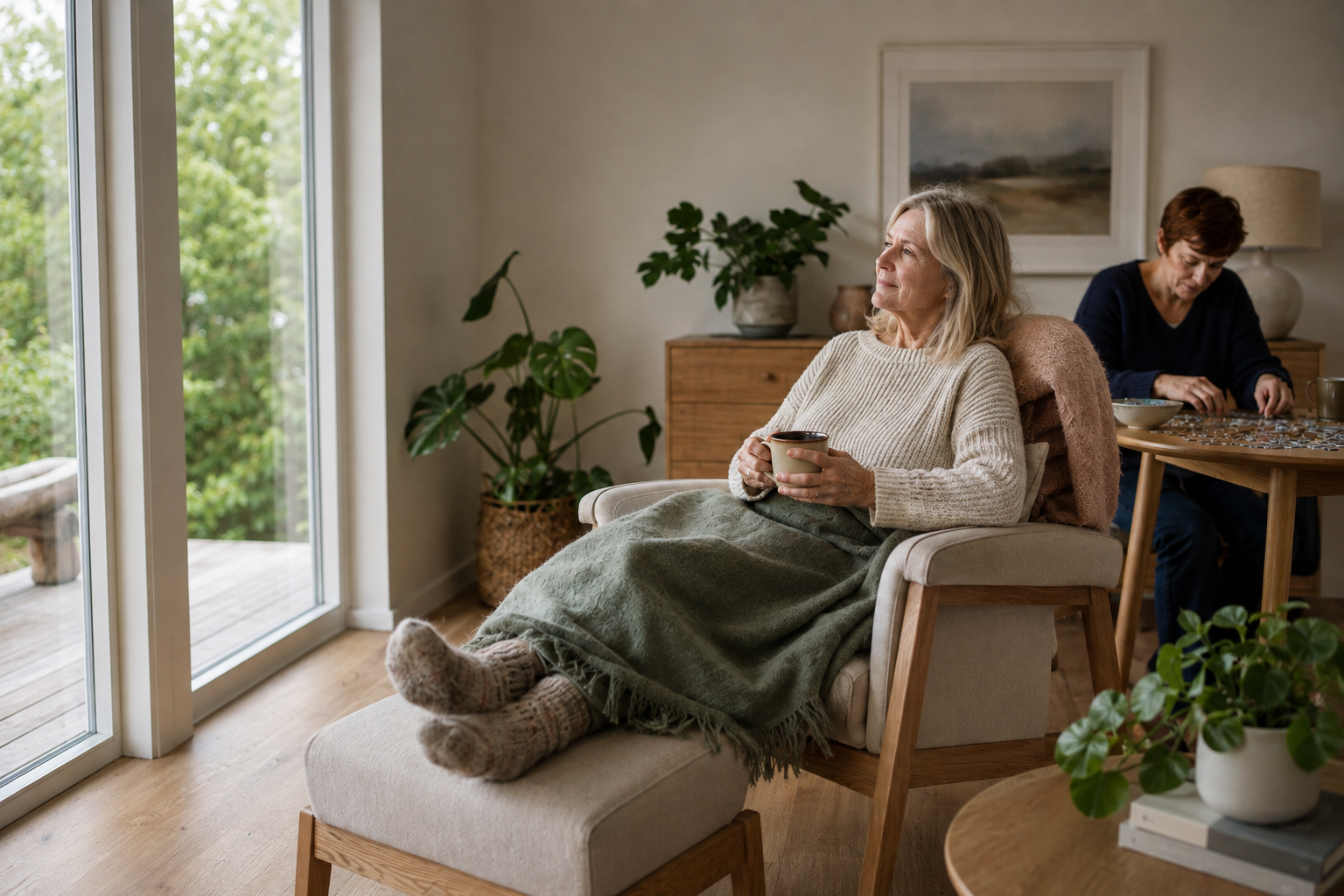 An elderly woman with gray hair, wearing a beige sweater, relaxing in a light-colored armchair with a green blanket and cozy socks, holding a mug and looking out the window. In the background, a woman with short dark hair, wearing a navy sweater, is sitting at a wooden table working on a jigsaw puzzle. The room has wooden furniture, indoor plants, and natural light coming through the large sliding glass door.