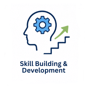 Outline of a human head with a gear inside, an upward arrow, and staircase, representing skill building and development.