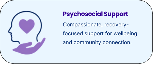 Graphic featuring a side profile of a human head with a purple heart inside, and a purple hand underneath, representing psychosocial support. Accompanying text reads: "Psychosocial Support. Compassionate, recovery-focused support for wellbeing and community connection."
