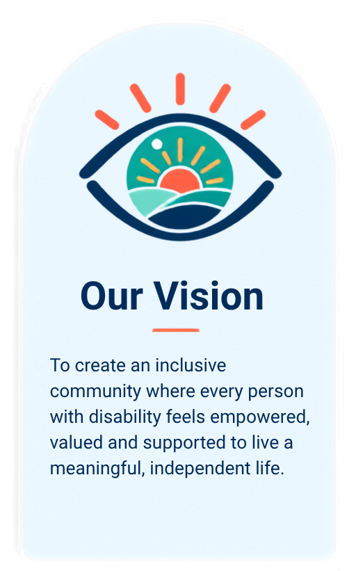 Logo with an eye containing a sunset over mountains, with rays emanating from the top. Underneath, the text 'Our Vision' and a statement about creating an inclusive community for people with disabilities.