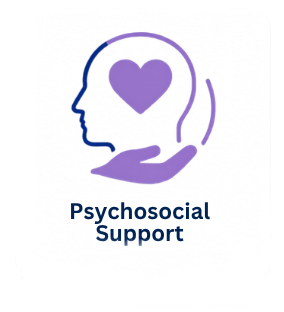Outline of a person's head with a heart inside, supported by a hand, and the text 'Psychosocial Support' underneath.
