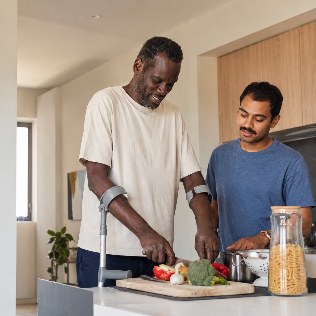 A man and a young boy are preparing food together in a kitchen, with vegetables on a cutting board.