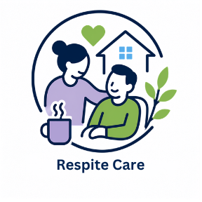 Illustration of a caregiver with a person in a home setting, a green heart above them, and a house with a plant, representing respite care and support.
