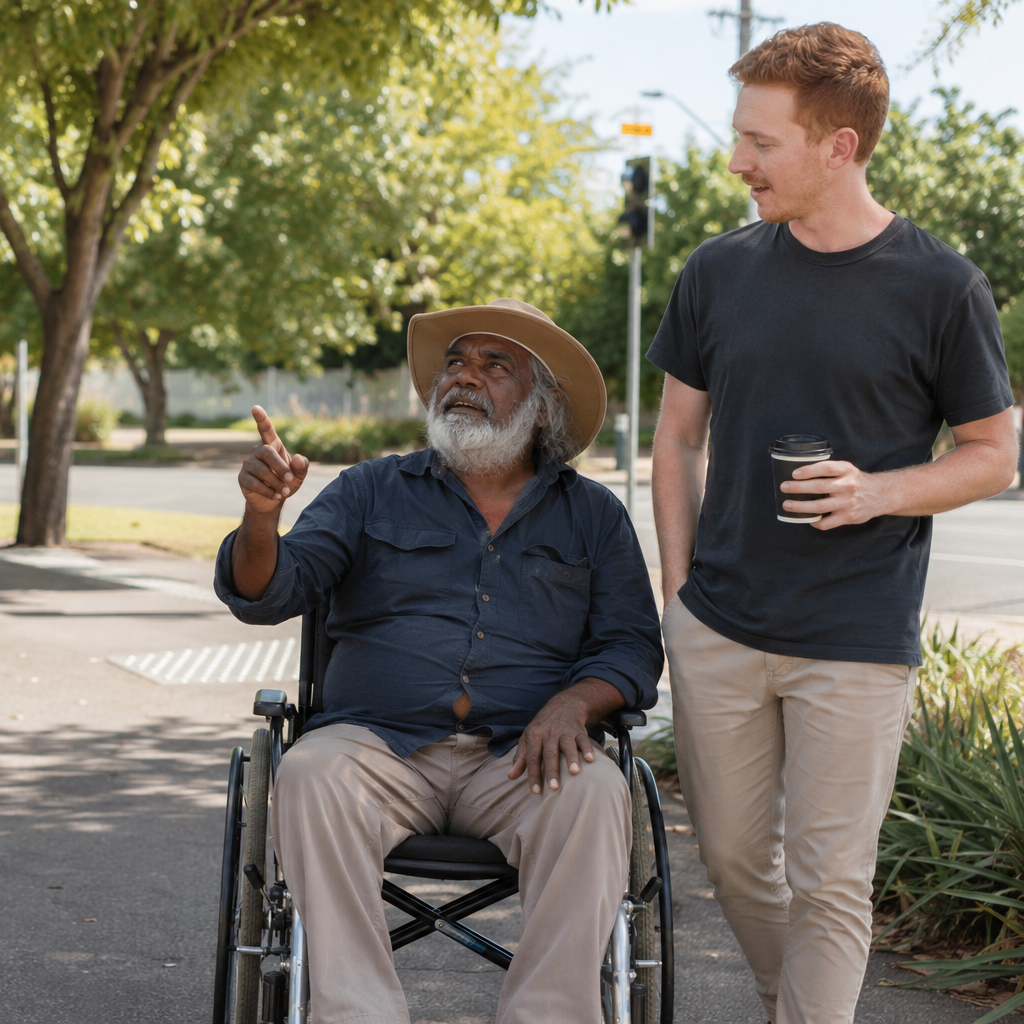 A young man and an elderly man in a wheelchair talk outdoors on a sunny day, with trees and a street in the background.