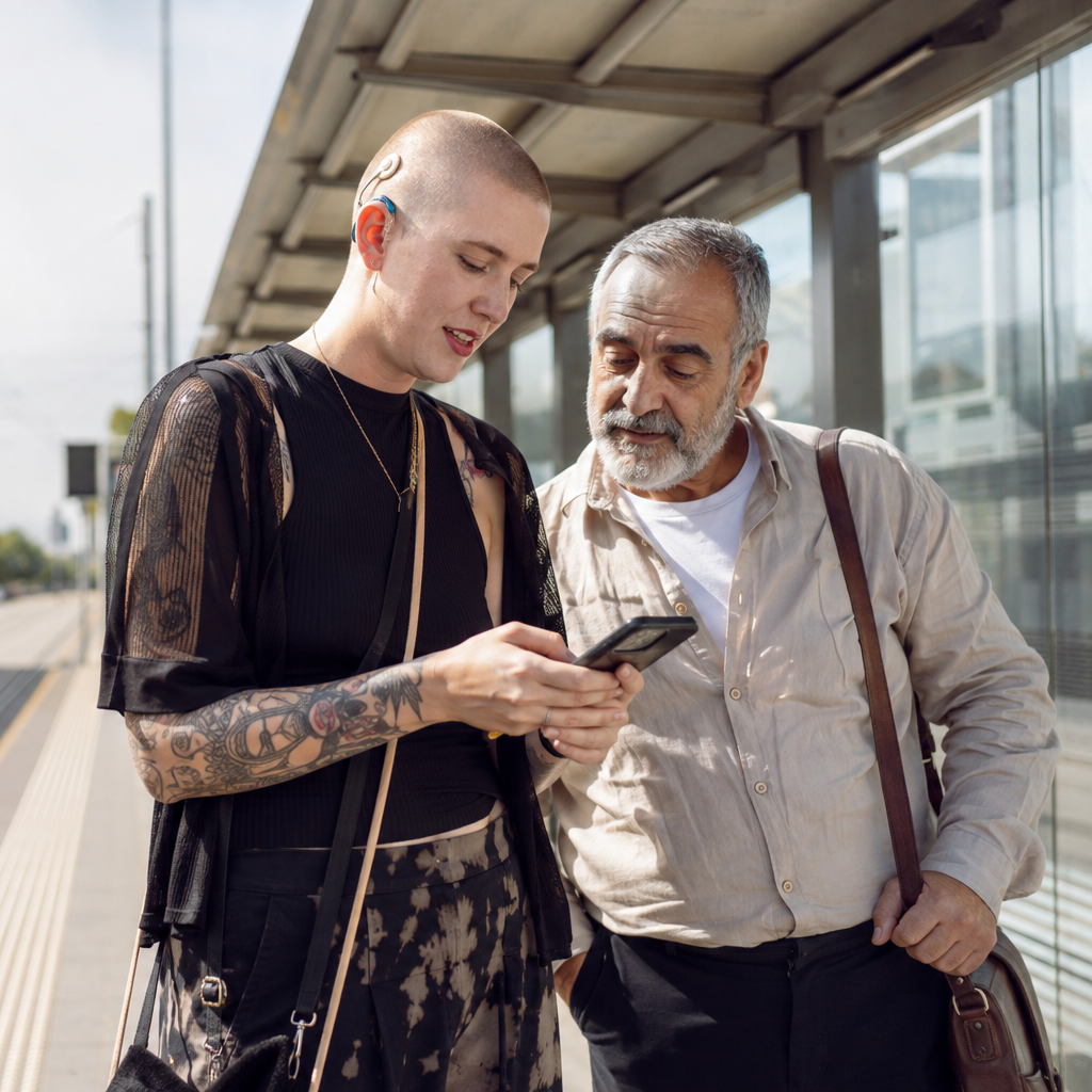 A young woman with tattoos and a shaved head showing something on her phone to an older man with gray hair and a beard at an outdoor bus stop.