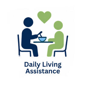 Silhouette of two people sitting at a table, one feeding the other, with a green heart above them, and the text 'Daily Living Assistance' below.