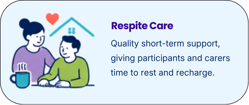Illustration of a caregiver with a patient, a house with a heart above, and text about respite care services.