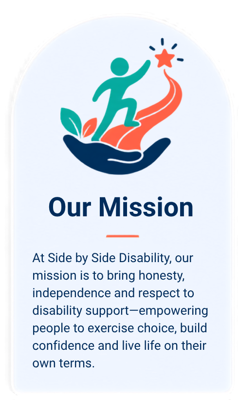 Graphic of a person with leaves standing on a hand, reaching for a star on a winding path, with the text "Our Mission" and a statement about supporting independence and confidence for people with disabilities.