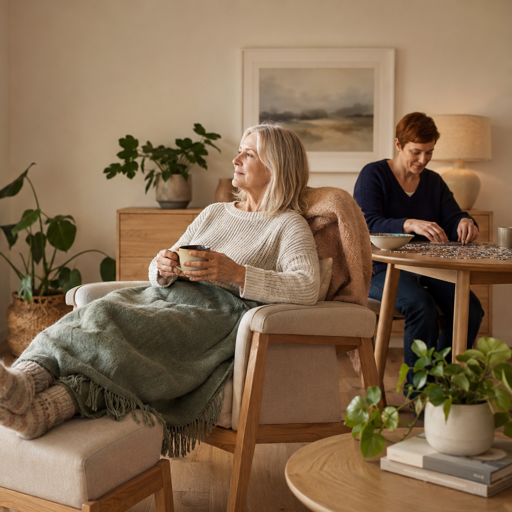 Older woman sitting in a chair, holding a cup, relaxing by a window with a woman in the background at a dining table, surrounded by houseplants and decorated in warm, neutral tones.