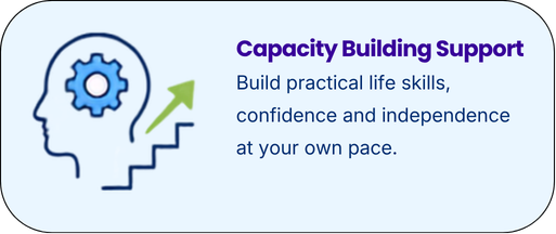 Illustration of a head with a gear inside, with an upward arrow, and text promoting capacity building support to develop life skills, confidence, and independence.