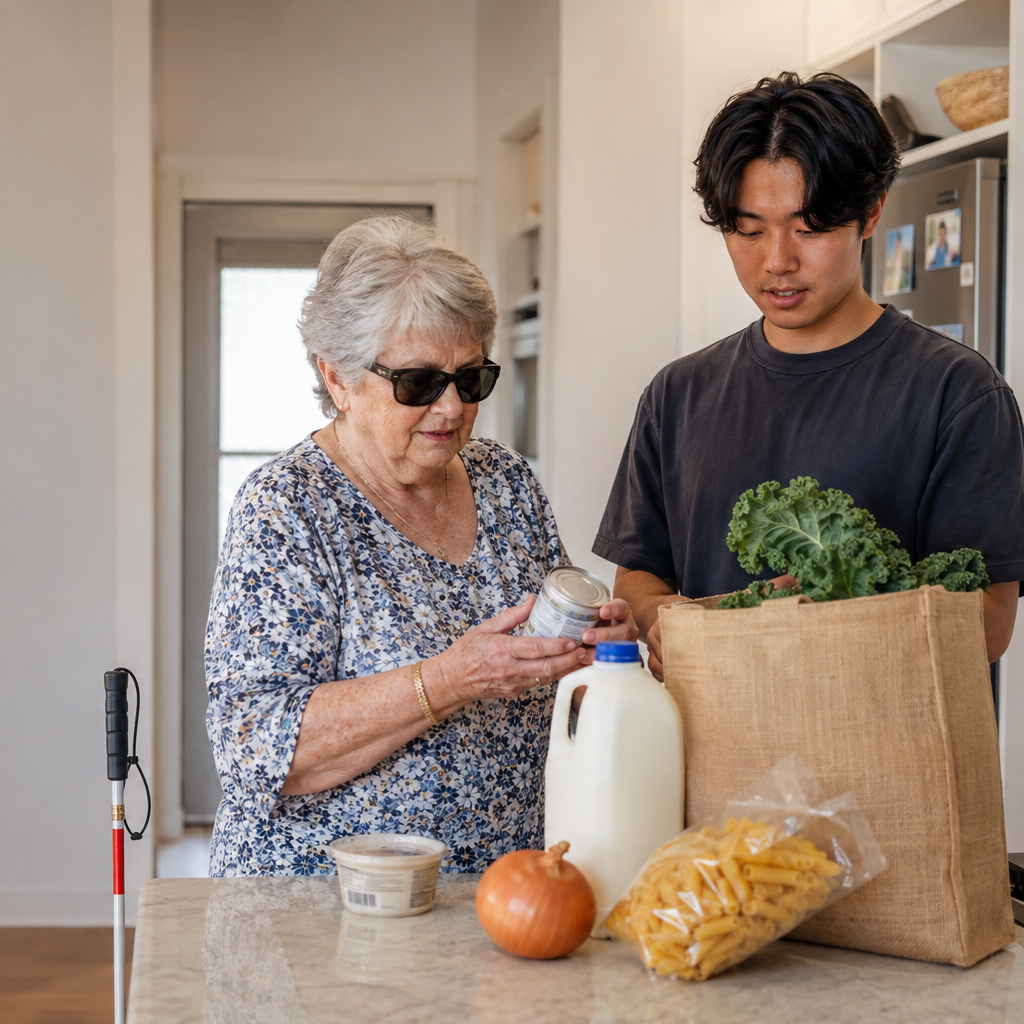 An elderly woman wearing sunglasses and a floral shirt shopping with a young man in a black t-shirt in a kitchen, carrying grocery bags with kale, milk, pasta, onion, and other food items.