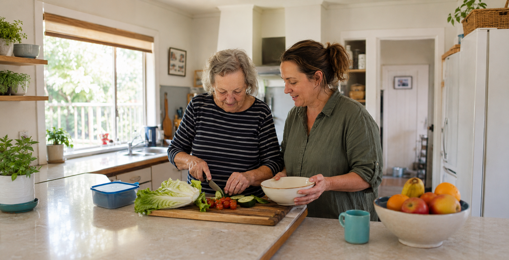 Two women preparing vegetables in a sunny kitchen, one elderly with gray hair and a striped shirt, one middle-aged with brown hair in a bun, holding a mixing bowl.