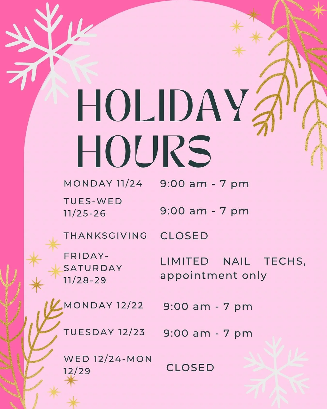 2025 Holiday hours!!! We will be open the Mondays before Thanksgiving and Christmas this year to accommodate as many clients as we can before the holidays 💕 book your appointment today, space is getting limited!!!! 🎄