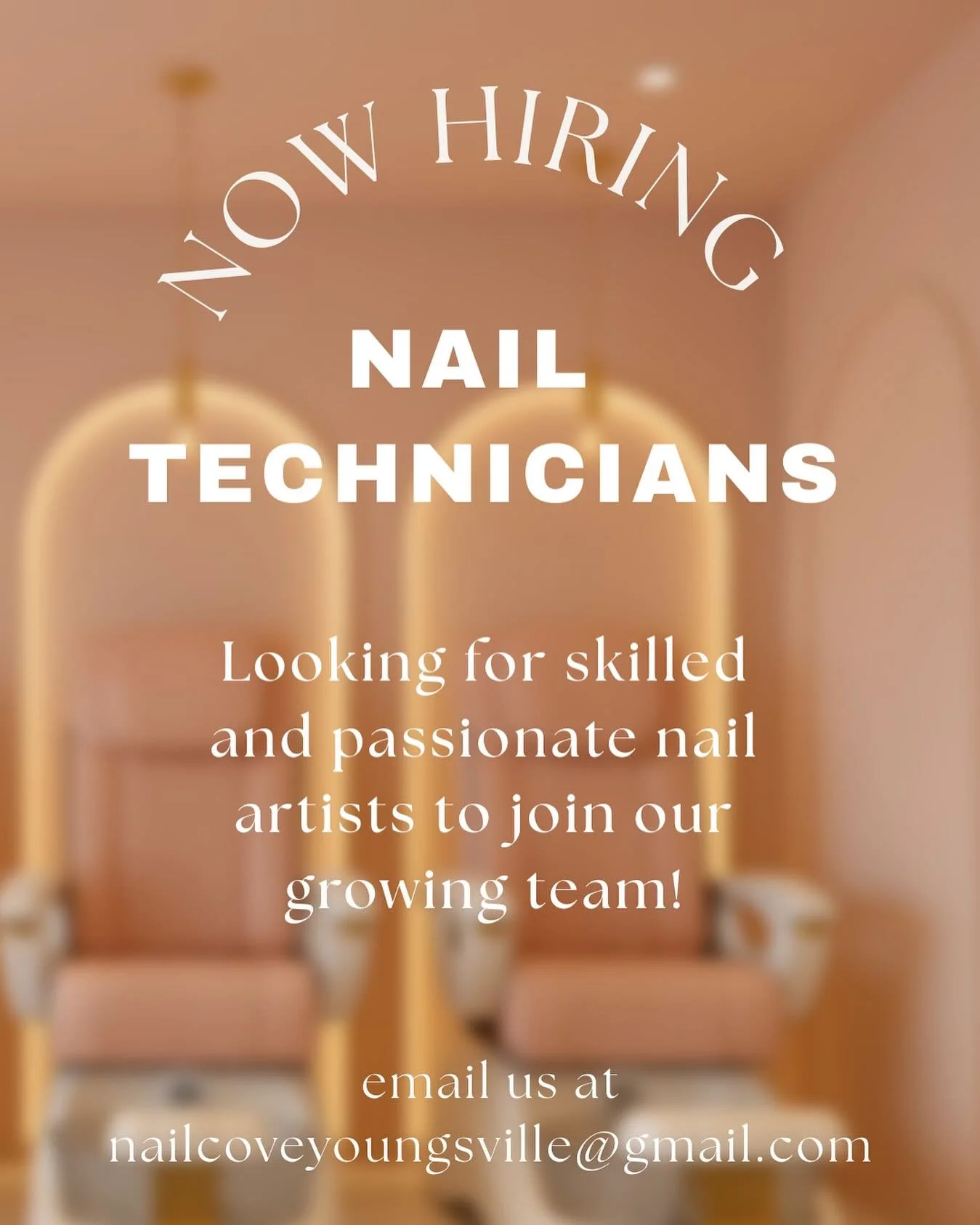 ✨We&rsquo;re Hiring✨ 
The Cove is growing, and we&rsquo;re looking for talented Nail Technicians to join our team! 

We&rsquo;re looking for: 
✨experience &amp; artistic ability
✨professional, reliable &amp; committed to growth 
✨wanting to work in a
