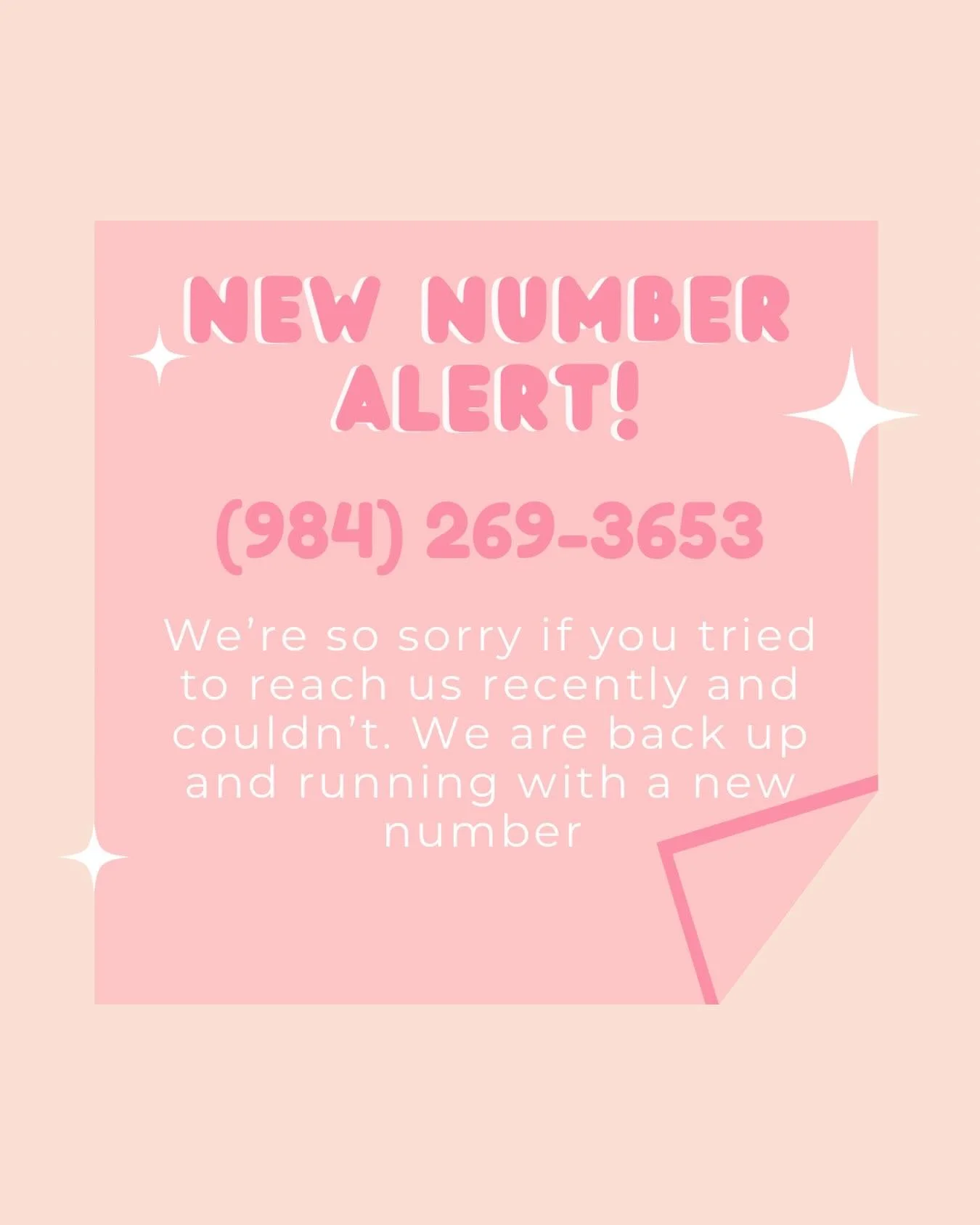 Thank you everyone for your patience with the technical difficulties from our previous number. Please text this number for appointments, cancellations, and questions 💕 you will still receive automated reminder texts, please do NOT respond to those!!