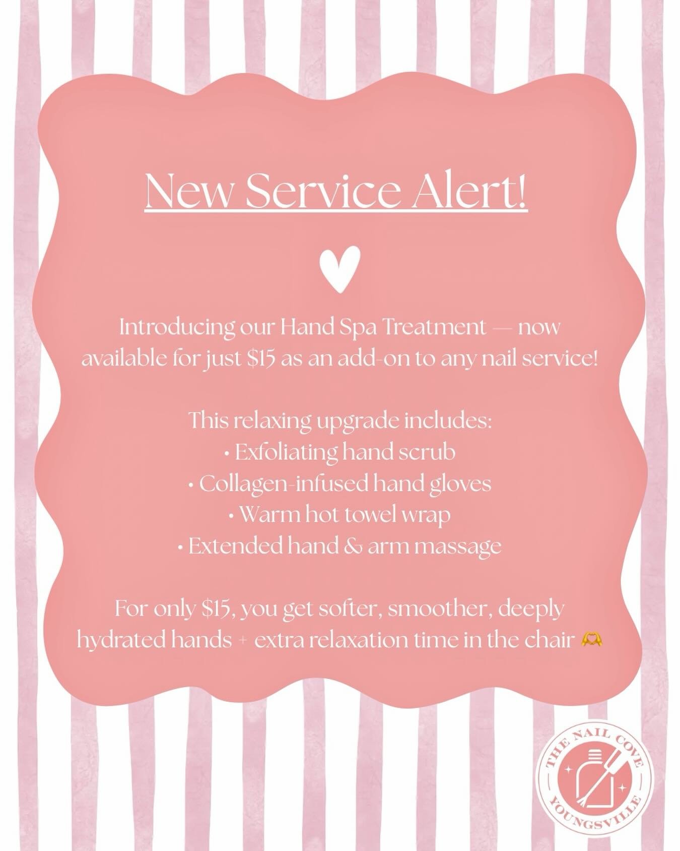 ✨ NEW SERVICE ALERT AT THE COVE ✨

Your hands deserve more than just a set 💅🤍 Get those winter hands healed and ready for warmer weather!
Ask to add the Hand Spa Treatment to your next booking 🤍✨ (time permitting)