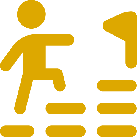 A yellow illustration of a person climbing stairs toward a wall-mounted alarm or fire alarm.