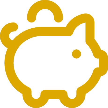 Gold outline of a piggy bank with a coin slot on top.