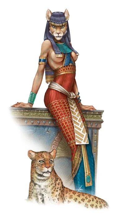 Sharess, portrayed as a feminine figure with the body of a thin woman and the face of a cat. She is styled in ancient Egyptian-style clothing with both breasts exposed, covered by long dark hair. She leans against a box with a cheetah at her feet.