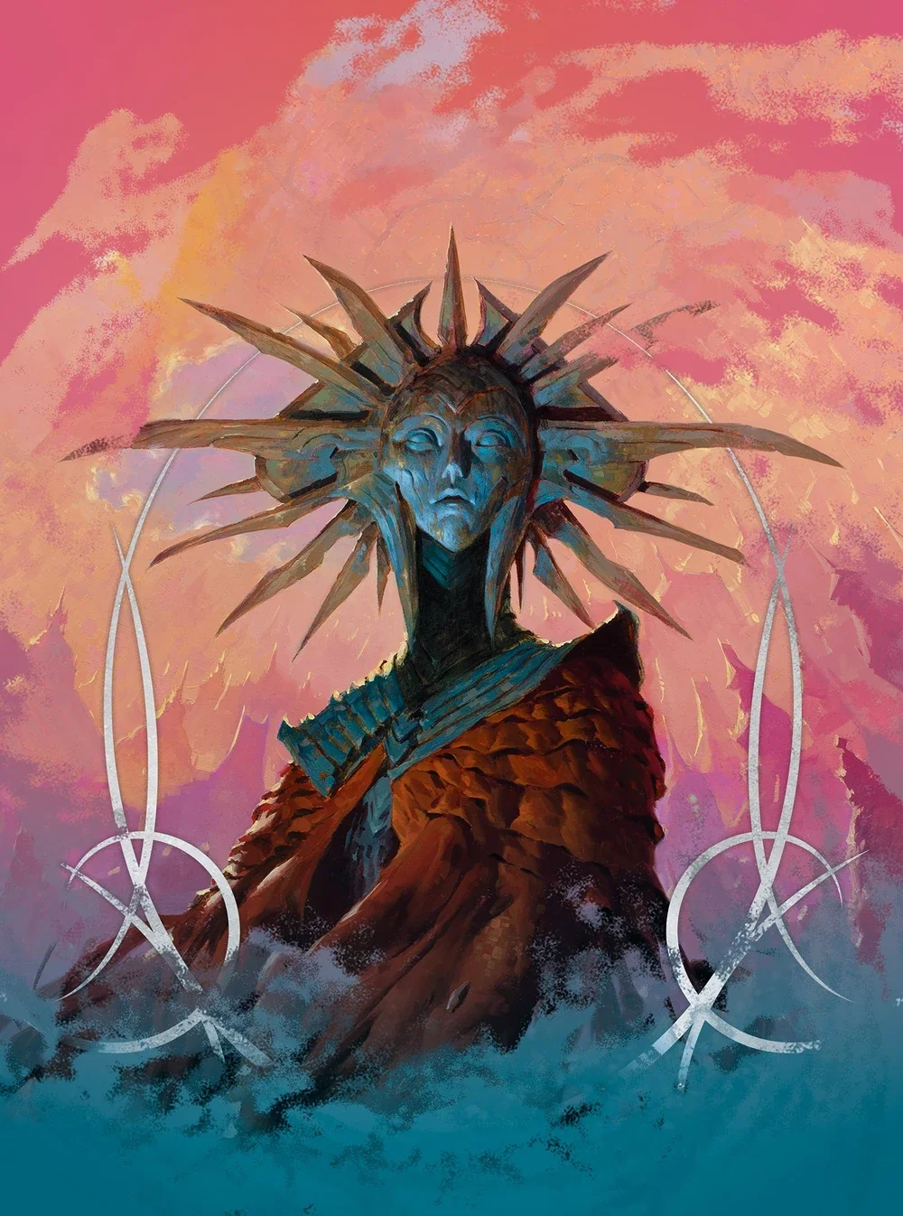 A long-necked figure wearing a stone face mask wreathed by sharp blades.