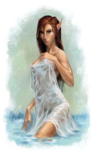 A nymph, portrayed as an elven-like woman, emerges from water holding a see-through piece of cloth over her body.