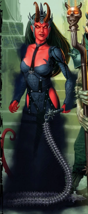 A red-skinned female devil is dressed in a black, skin-tight leather dressed fastened with straps. She holds a scourge with a chain of spiked metal hanging off the end, mimicking a whip.