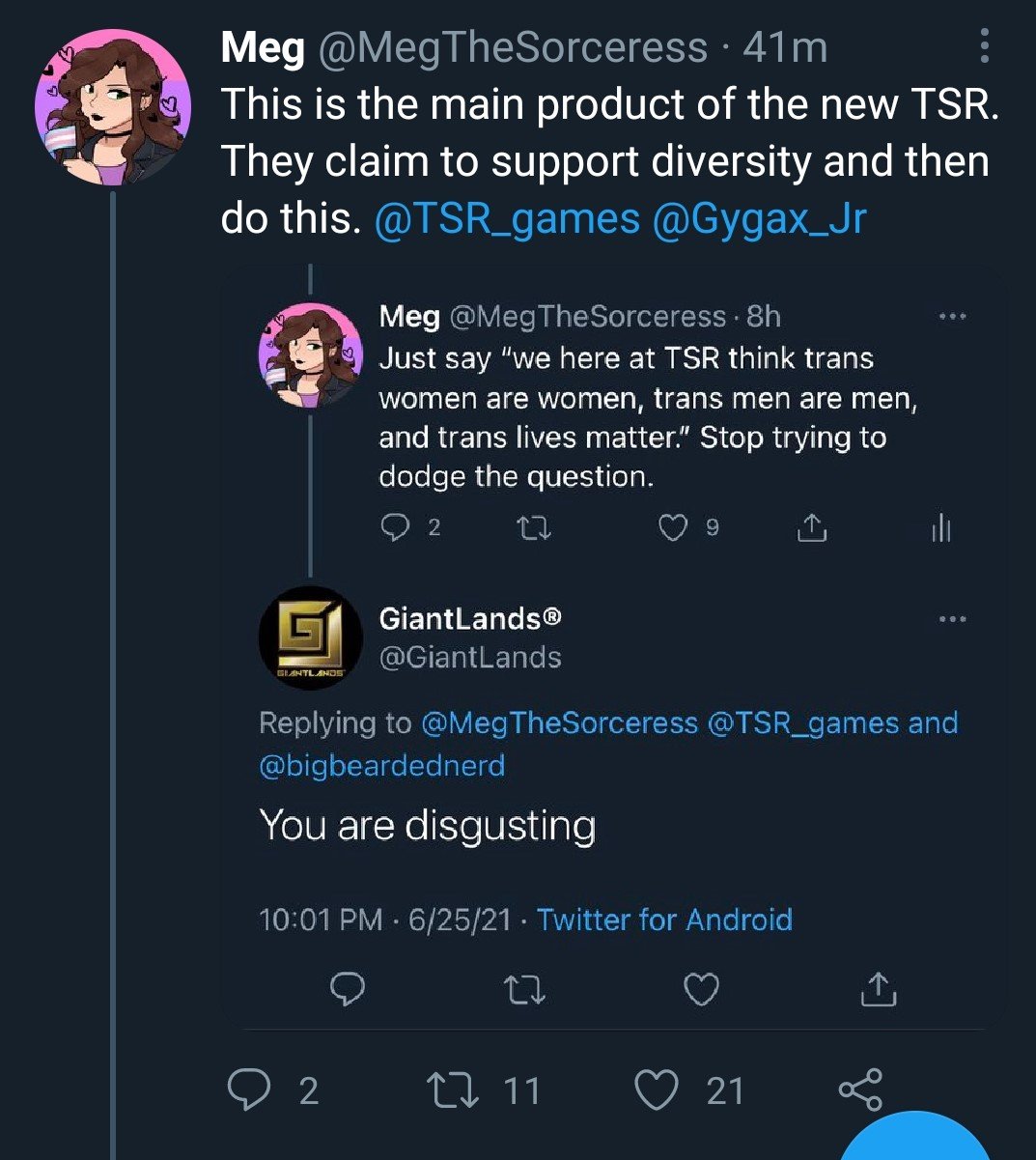 A screenshot showing a quote tweet from @MegTheSorceress where she is reacting to a screenshot involving an exchange she had with @GiantLands.