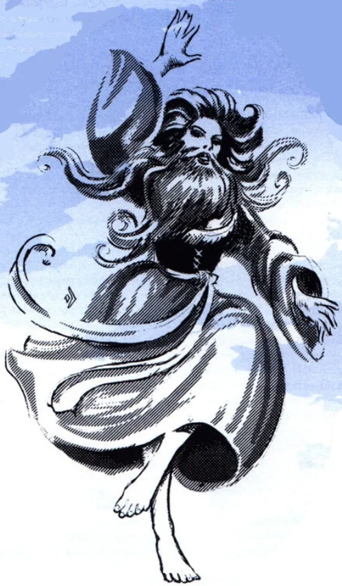 A bearded woman in a milkmaid dress bounds through the sky.