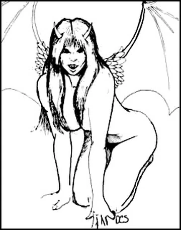 Line art of a succubi on her knees and leaning forward, completely nude. She has long hair and batlike wings.
