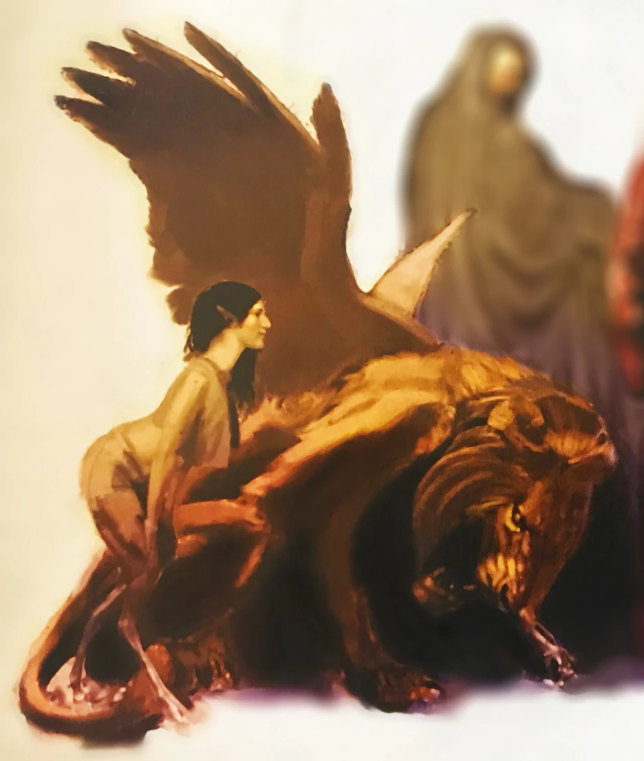 An elven woman kneels behind a winged lion.