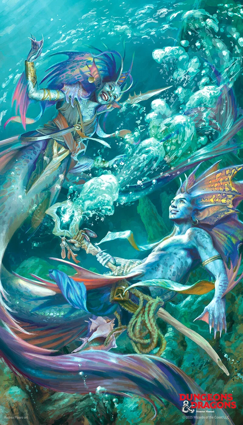 A male-presenting and female-presenting merfolk swim amongst bubbles cast underwater by a wooden staff. They both have fish tails and humanoid torsos. Antennae and gill-like ears sprout from their heads along with fins in place of hair.