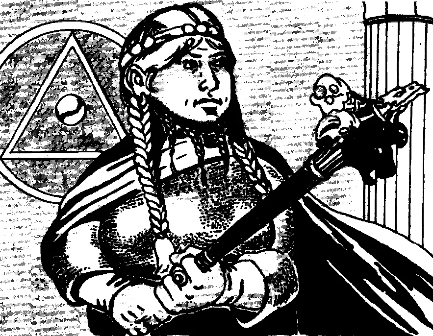 A dwarven woman with two braids holds a mace of small animal skulls. A symbol of a triangle inside a circle rests behind her.