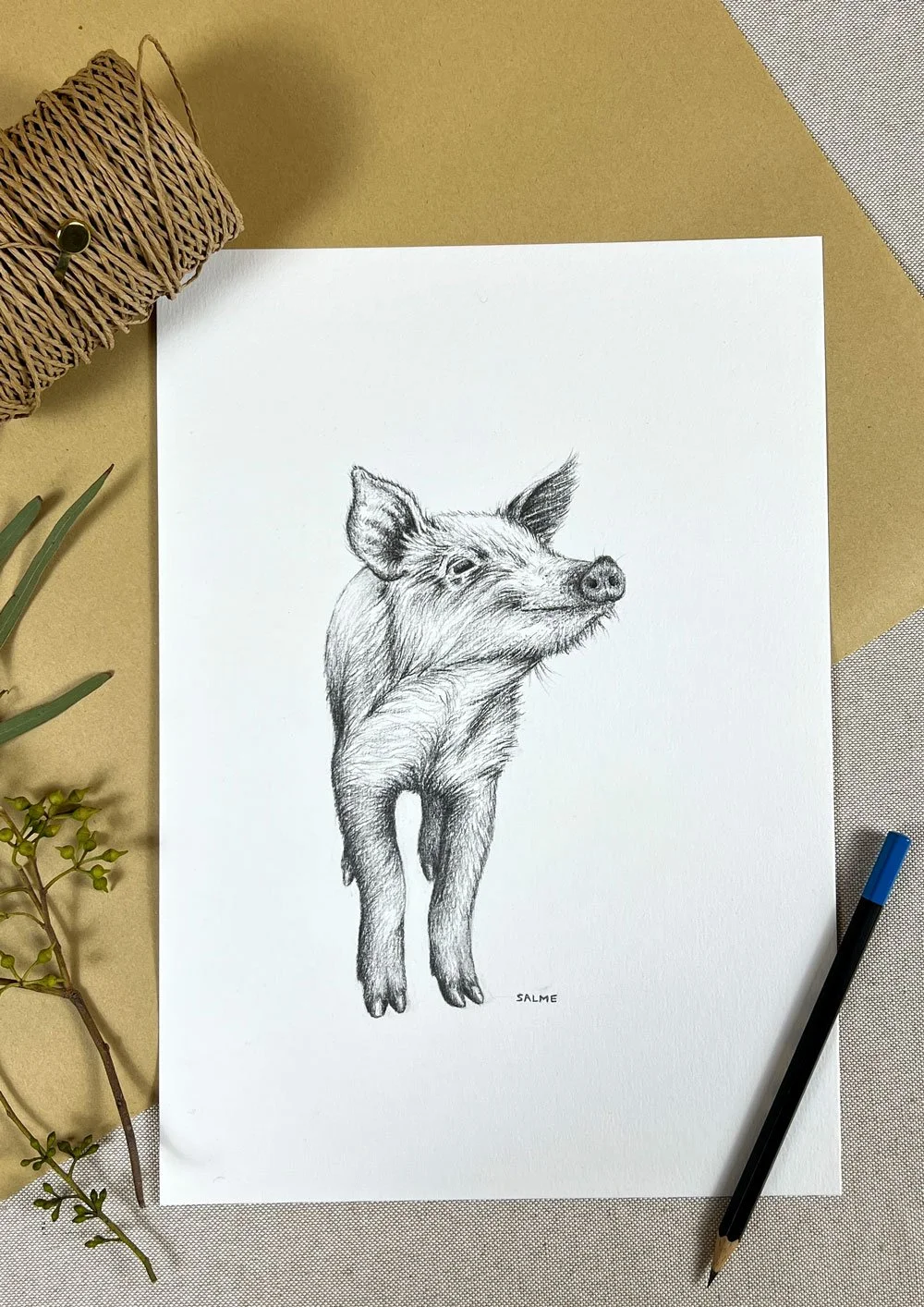 Original graphite drawing of a piglet amongst gift wrapping decoration