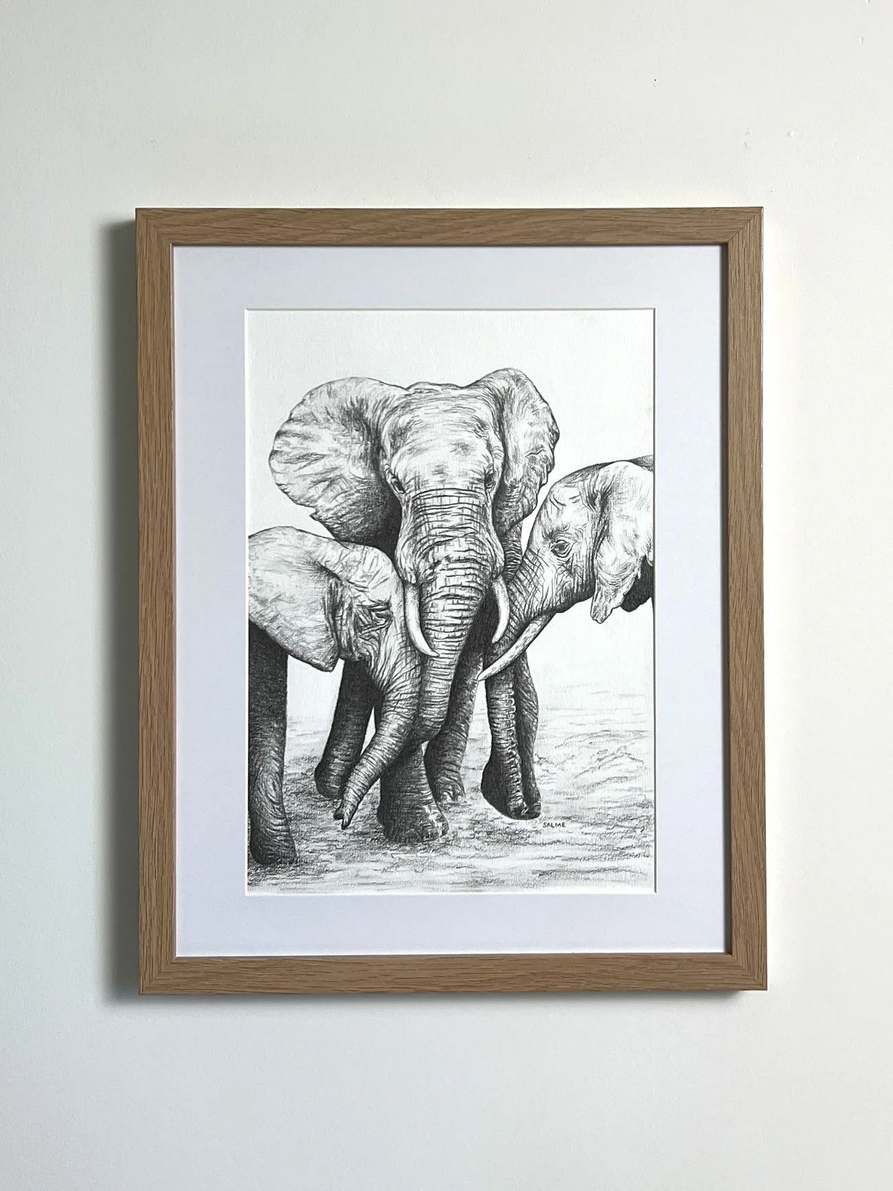 Original graphite drawing of an elephant and her calves framed on the wall