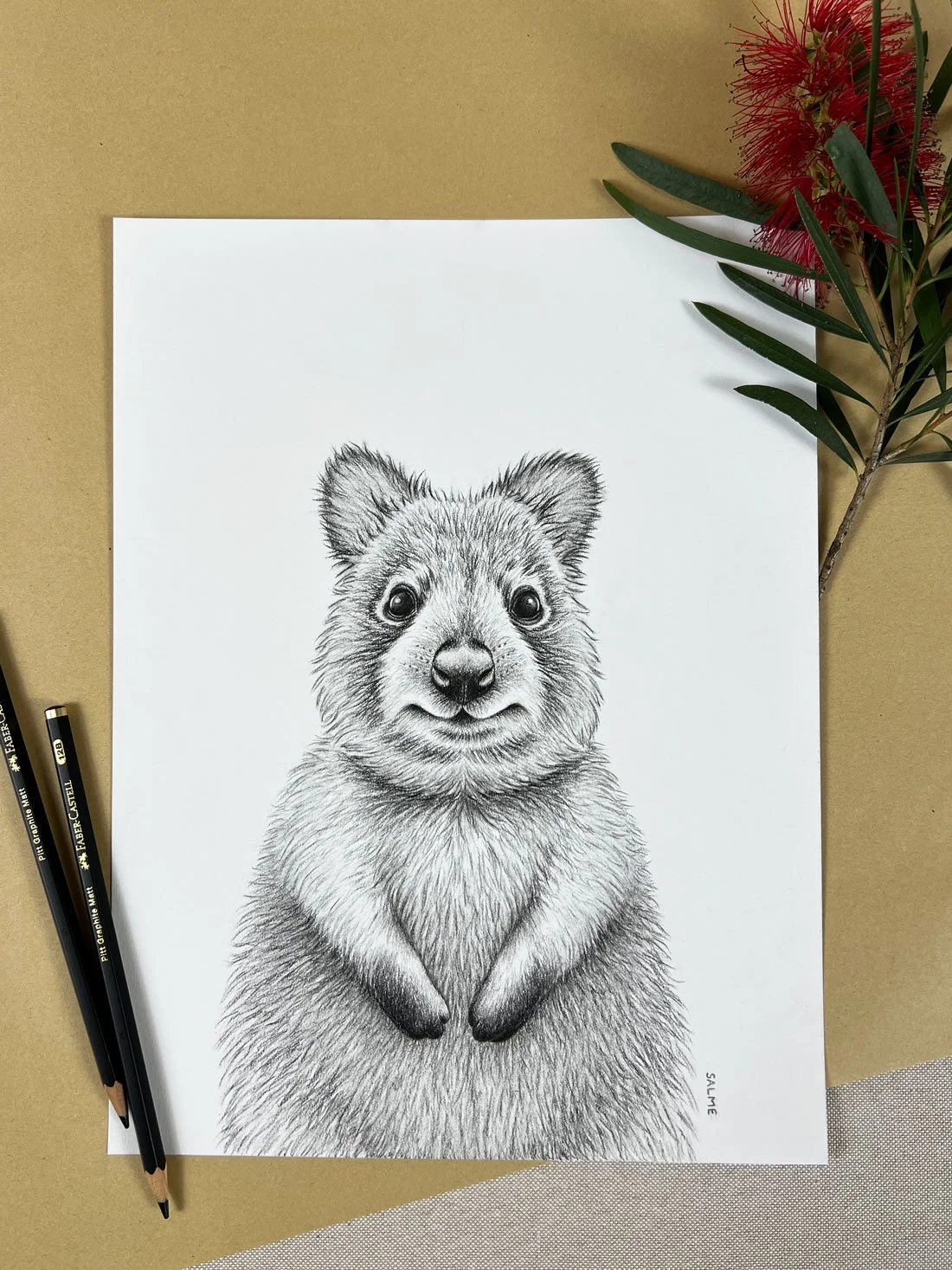 Original graphite drawing of a quokka amongst gift wrapping decoration