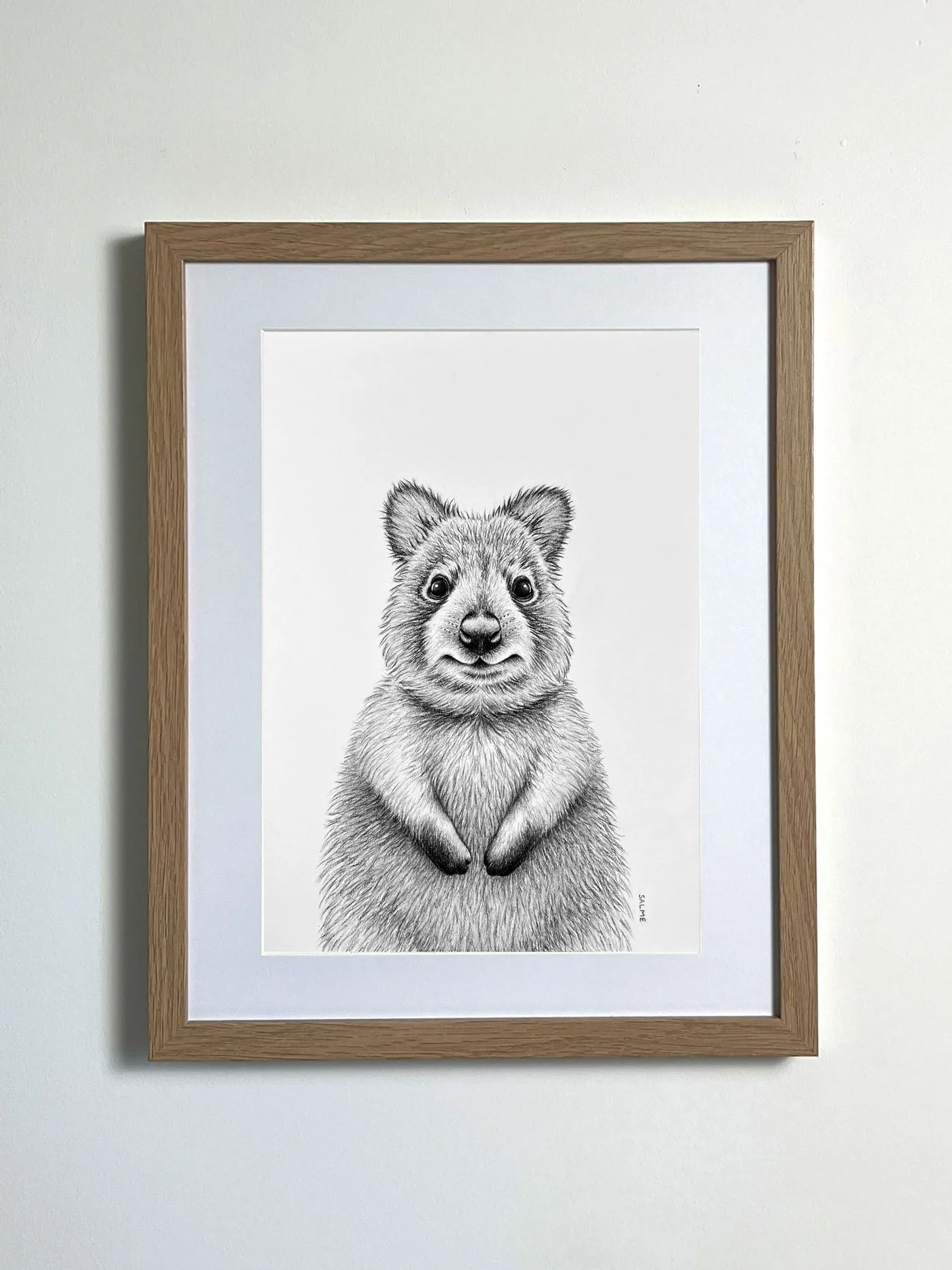 Happy Little Quokka framed drawing.