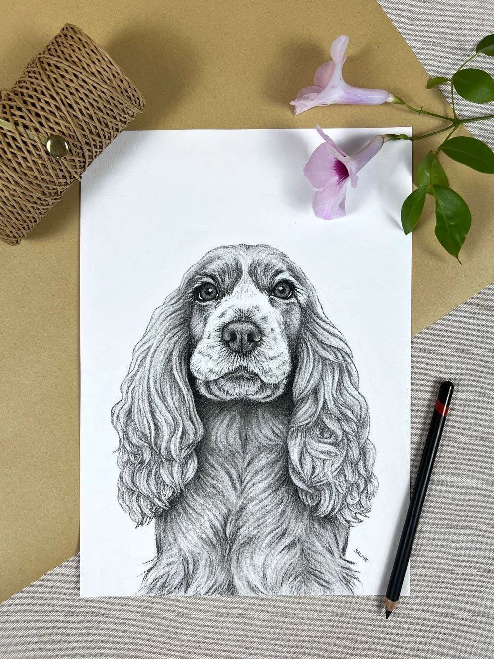 Original charcoal drawing of a cocker spaniel amongst gift wrapping decoration.