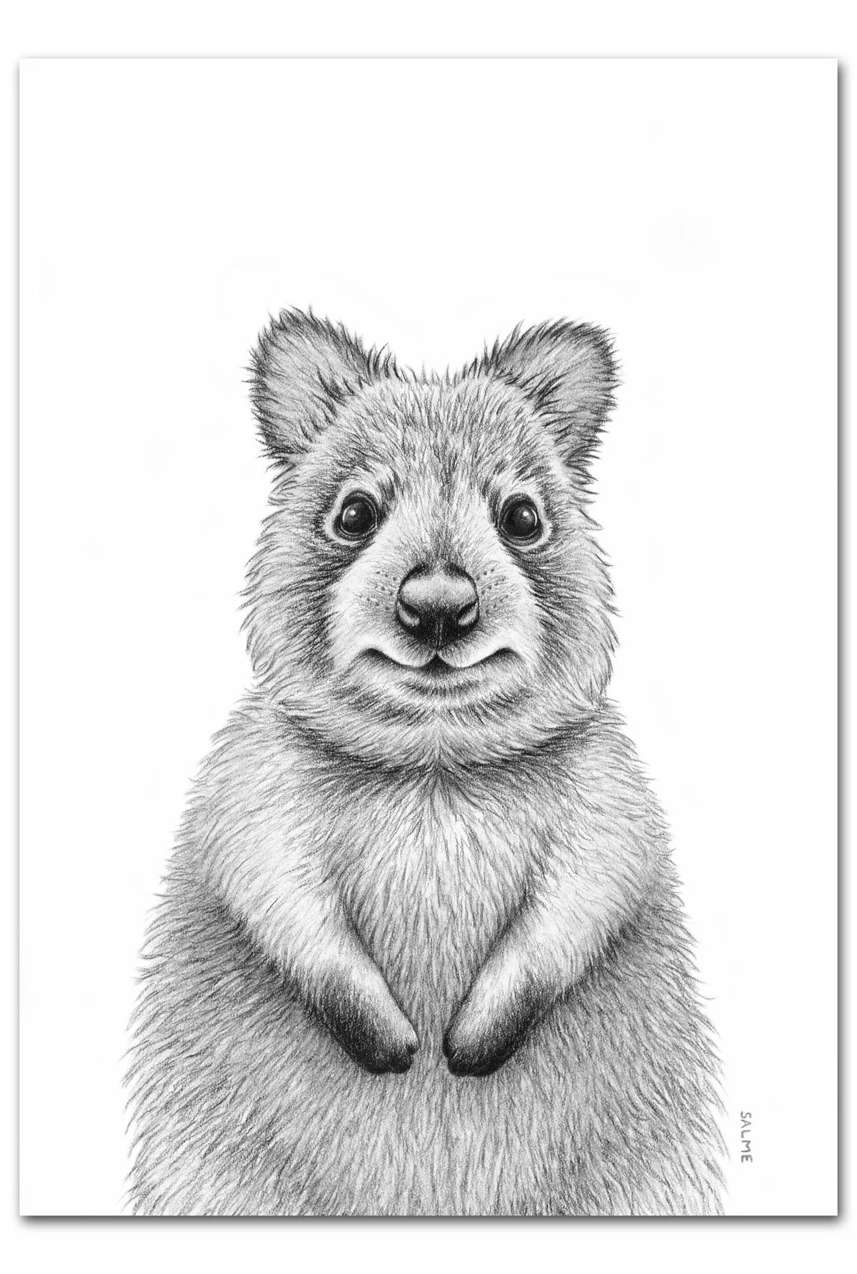 Serene art print of a quokka drawing. The quokka looks out at the viewer with a smile.