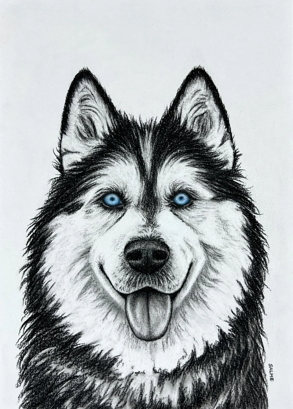 Original charcoal drawing of a husky with blue eyes and with it's tongue out.