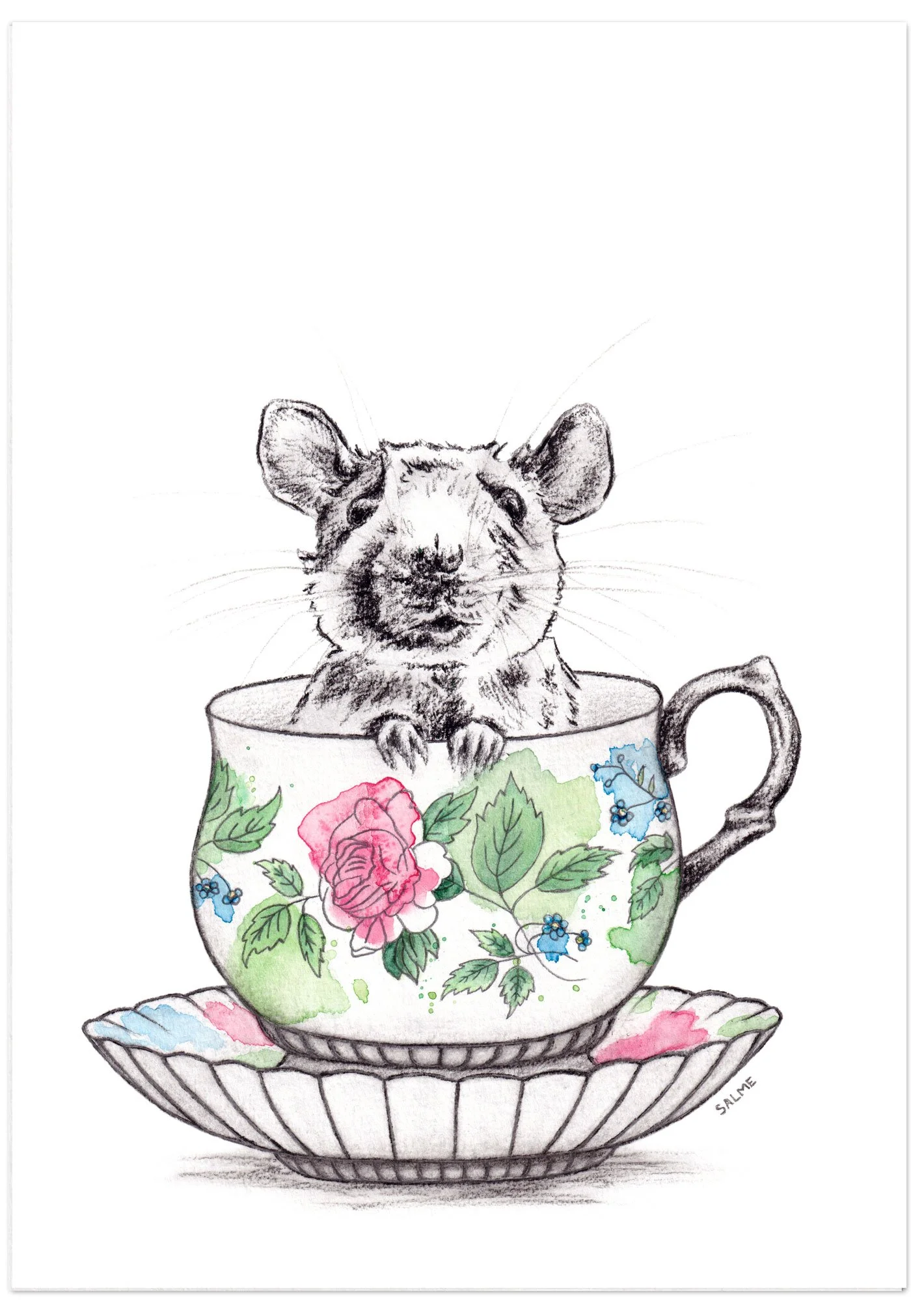 Cute art print of a mouse drawing. The mouse is peaking out from a colourful, floral teacup.
