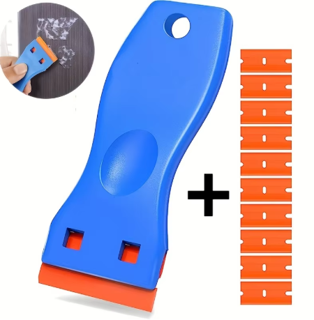 Plastic razor blade tool for safe sticker and residue removal
