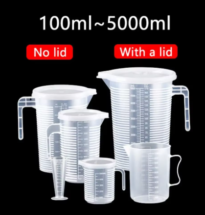 Plastic measuring cup for accurate detailing product mixing